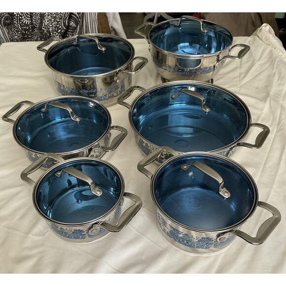 VINTAGE BLUE WILLOW 12 Pc Set Cuisine Cookware 18/10 Stainless Steel 3 Ply Base - Picture 2 of 16